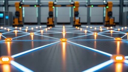 Digital transformation with industry 4.0, A futuristic industrial workspace featuring illuminated pathways and robotic arms, showcasing advanced technology in automation and design.