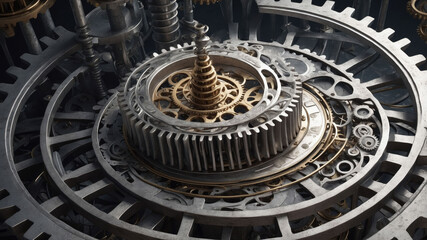 Obraz premium Intricate machinery showcasing detailed gears and cogs in motion within an industrial setting