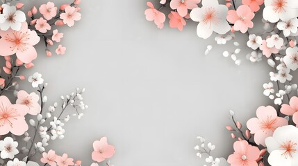 there is a setup of white and pink flower frame with a gray background