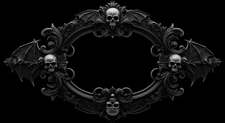 Fototapeta premium Gothic black background with skulls and bats, AI 