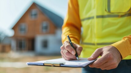 Construction inspection action residential site checklist review outdoor environment close-up viewpoint quality assurance concept