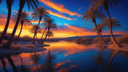 Obraz premium When evening descends, palm trees sway over a lake situated in the heart of the desert.
