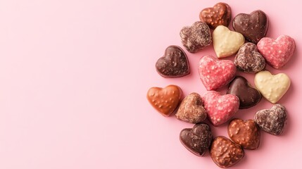 Obraz premium A cluster of heart-shaped assorted chocolates in dark milk and pink colors on a pale pink background with ample space on the left for design use