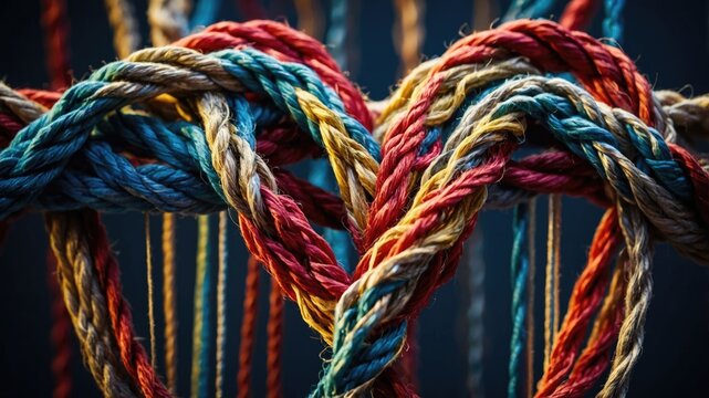 Unity and love collaboration represented by ropes intertwined in a heart shape within a collection of strings connected to symbolize support, reflecting the essence of teamwork and togetherness.