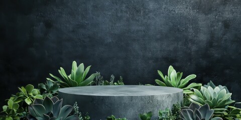 Display with a podium. Concrete cylinder, succulents and dark green leaves around, grey concrete background. Mockup for product presentation