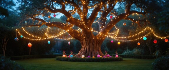 Tree adorned with lights hanging from its branches and decorative ornaments to illuminate the night in the garden.