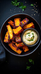 Delicious roasted root vegetables served with creamy dipping sauce in a cozy farm to table setting