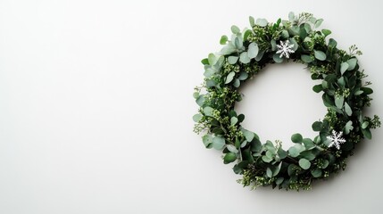 Eucalyptus wreath decorated with pinecones and snowflakes on a bright white background