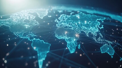 Digital representation of a global network showcasing interconnected continents and cities with glowing lines