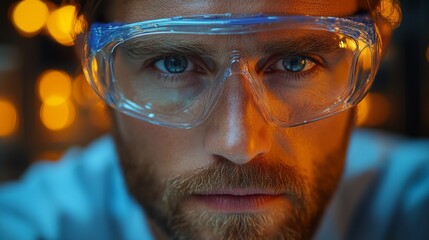 A logistics professional wears safety glasses while inspecting inventory in a modern warehouse that emphasizes sustainability and efficient storage solutions for materials.