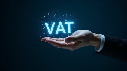 Hand using holographic device to explore VAT in e commerce with empty space background concept as A hand operating holographic device to explore VAT implications in e commerce emphasizing online busin