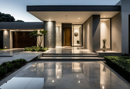 A modern luxury home exterior with sleek minimalist architecture a glass and concrete facade dramatic night lighting and a reflective water feature creating a sophisticated twilight ambiance.








