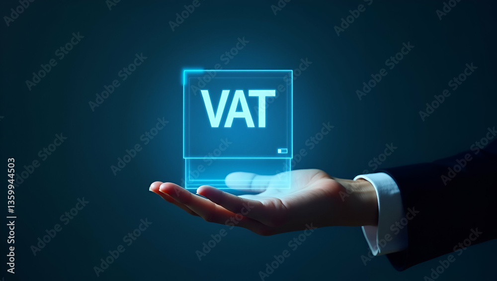 Wall mural flat hand operating holographic device displaying vat refund application with empty space background