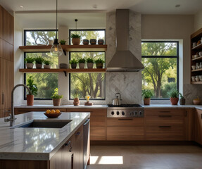 Fototapeta premium Sunlight fills a modern kitchen adorned with lush greenery and natural elements in a serene outdoor setting, inviting a peaceful cooking experience