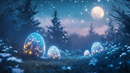 Fototapeta premium A mystical moonlit Easter night with glowing bioluminescent eggs, shimmering stars above, and soft ambient light casting a dreamy effect. 