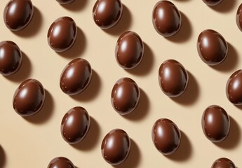Fototapeta premium Close-up View of Smooth Chocolate Eggs on a Beige Background Perfect for Celebrations and Sweet Treats in Easter or Party Themes