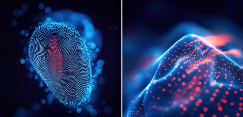 Digital fingerprint alongside biometric waveform visualization in futuristic design