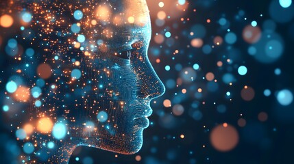 Abstract digital human face with bokeh background representing futuristic technology and AI concepts