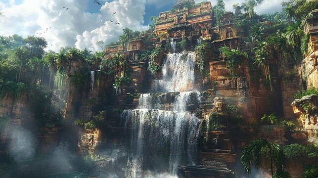 Majestic waterfall cascading down ancient temple ruins nestled in lush jungle foliage under a partly cloudy sky.