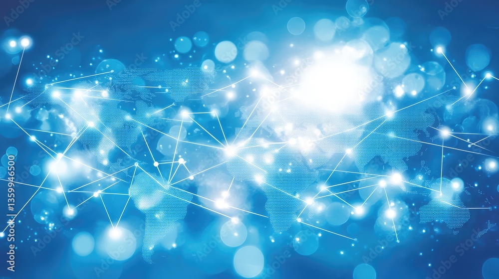 Poster abstract digital world map with glowing connections and bokeh effects, symbolizing global networking