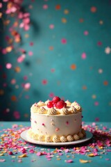Vibrant confetti and streamers on a decorated wall with a big cake , confetti, colors