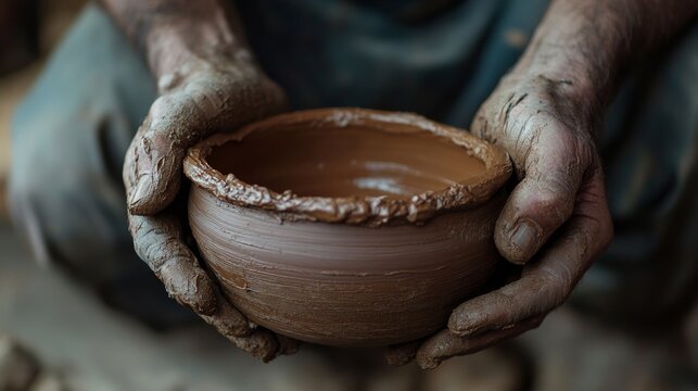 Artisan Holding a Newly Shaped Clay Bowl in Weathered Hands in Natural Craft Studio - Powered by Adobe
