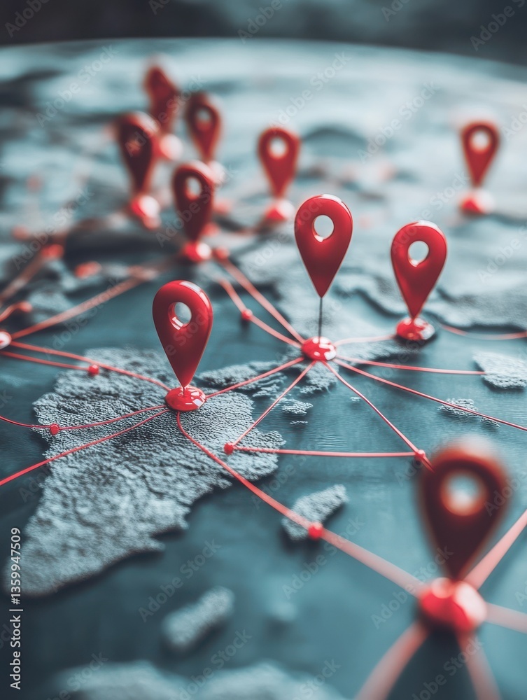 Poster world map with red location pins connected by lines, representing global connections.