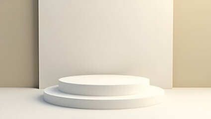 Flat White cylindrical podium with two levels used for displaying products set against a beige wall background. concept as White cylindrical podium with two levels used for displaying products set aga
