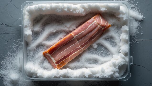 Top view from above of pork bacon homemade pancetta surrounded by salt, prepared for the curing process raw cured salted.