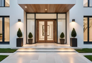 Fototapeta premium A modern luxury home entrance with grand wood and glass double doors a white exterior stone steps outdoor lighting and a warm evening ambiance.