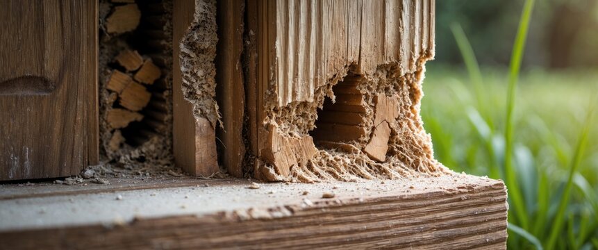 The wooden door of a home affected by termite damage
