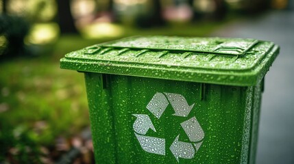 Wet green recycle bin park curbside outdoors