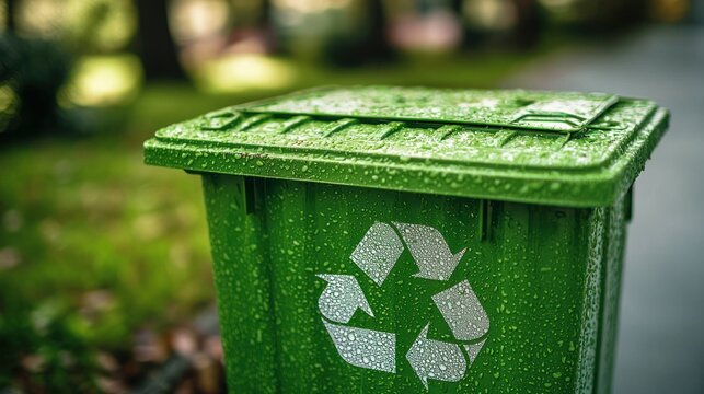 Wet green recycle bin park curbside outdoors