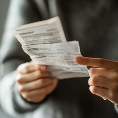 Naklejka premium A person holding a pay slip in one hand, with the other hand pointing at rising prices on a grocery receipt.