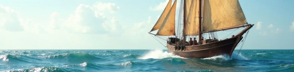 Naklejka premium Vintage wooden boat sailboats gently swaying in ocean waves, sailing, ocean