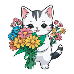 Cat with a bouquet of flowers in its paws Flat vector illustration Cheerful Cartoon Cat with Bouquet Adorable Caricature Charm Beautiful Realistic Pet Cat Vector Illustration Isolated on a White