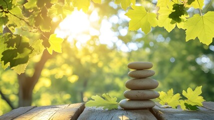 Harmonious Stack of Zen Stones on Wood.
