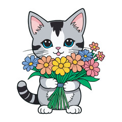 Cat with a bouquet of flowers in its paws Flat vector illustration Cheerful Cartoon Cat with Bouquet Adorable Caricature Charm Beautiful Realistic Pet Cat Vector Illustration Isolated on a White