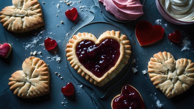 An image featuring a heart-shaped biscuit filled with jam. Using cookie cutters, frosting, and baking sheets, design for making sweet treats from a top view. Foods that represent love and affection.