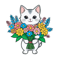 Cat with a bouquet of flowers in its paws Flat vector illustration Cheerful Cartoon Cat with Bouquet Adorable Caricature Charm Beautiful Realistic Pet Cat Vector Illustration Isolated on a White