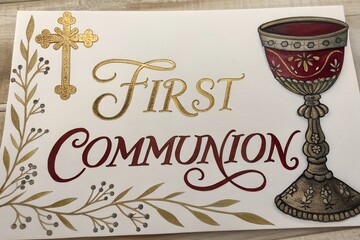 First Communion Card: The ornate design of a first communion card, featuring a chalice, a cross, and elegant lettering, symbolizes the sacred event.