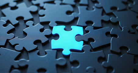 Single blue puzzle piece among dark pieces symbolizing uniqueness and problem-solving in various contexts