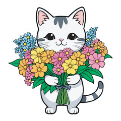 Cat with a bouquet of flowers in its paws Flat vector illustration Cheerful Cartoon Cat with Bouquet Adorable Caricature Charm Beautiful Realistic Pet Cat Vector Illustration Isolated on a White
