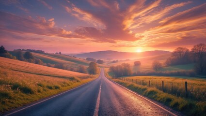 Naklejka premium A perspective of an asphalt road in the countryside during a lovely spring evening.