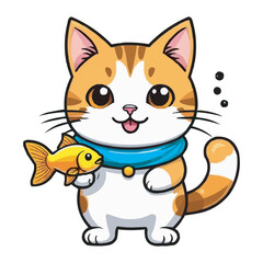 Cute Cat Hanging On Fish Cartoon Vector Icon Illustration Animal Food Icon Concept Isolated Flat. Cute cat holding fish cartoon illustration. A cute cat with a fish