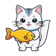 Cute Cat Hanging On Fish Cartoon Vector Icon Illustration Animal Food Icon Concept Isolated Flat. Cute cat holding fish cartoon illustration. A cute cat with a fish