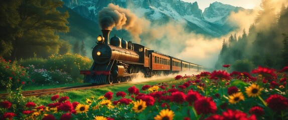 Train traveling through a stunning garden and entering fog, encircled by tree-covered mountains.