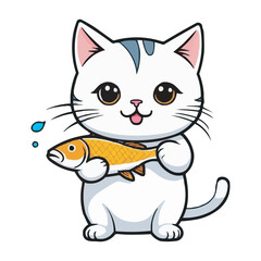 Cute Cat Hanging On Fish Cartoon Vector Icon Illustration Animal Food Icon Concept Isolated Flat. Cute cat holding fish cartoon illustration. A cute cat with a fish