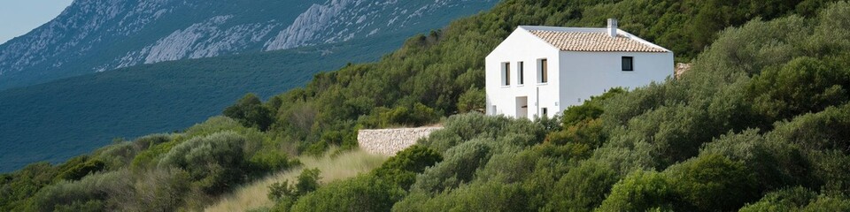 A white house is on a hillside with a view of the mountains. The house is surrounded by trees and bushes