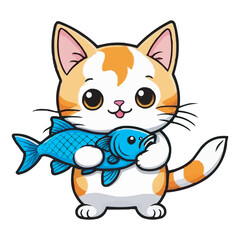 Cute Cat Hanging On Fish Cartoon Vector Icon Illustration Animal Food Icon Concept Isolated Flat. Cute cat holding fish cartoon illustration. A cute cat with a fish